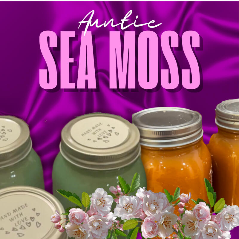 Auntie Sea Moss — branded jars on magenta silk